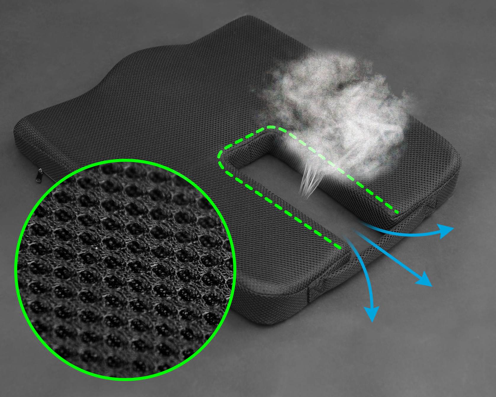 長時間座っても蒸れにくいように、U字形状 + 座面の通気孔を採用することで、通気性がよくなるよう設計しています。