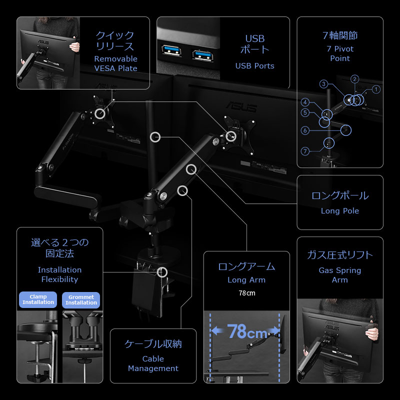 ④ ロングモニターアーム / Long Monitor Arm