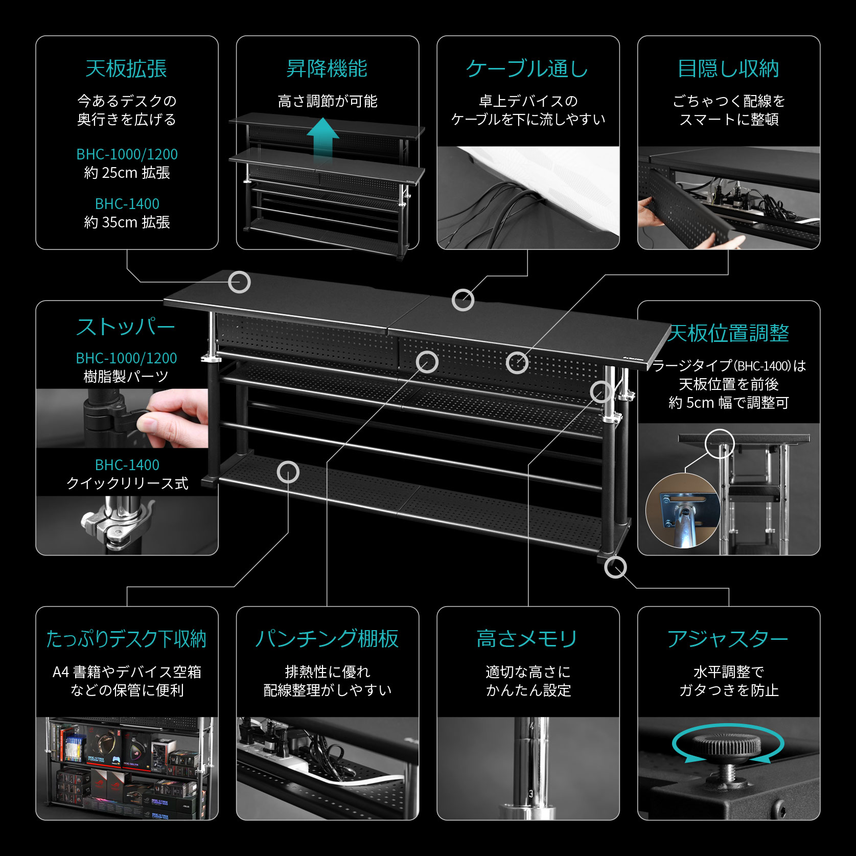 エクステンションデスク BHC-1000H / 1200H / 1400H 機能まとめ
