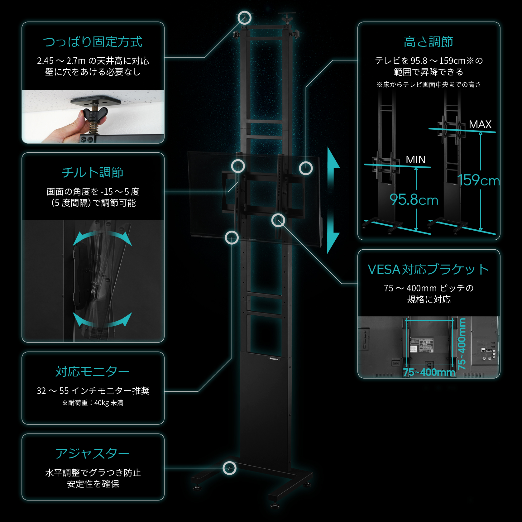 ツインポールテレビスタンド BHV-2400-BK 機能まとめ